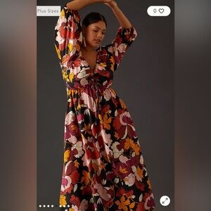 Anthropologie Black Floral V-Neck Midi Dress with Pink, Mustard & Burgundy Print